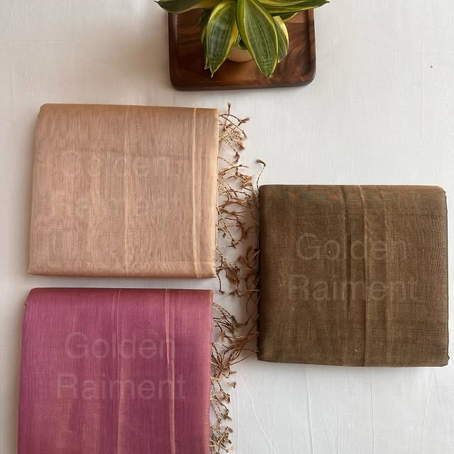 Maheshwari tissue sarees in blush, mauve and olive